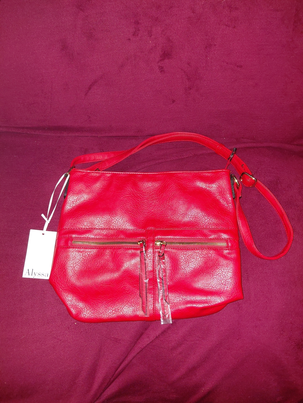Alyssa Red Leatherette Shoulder Bag with Front Zip Pockets